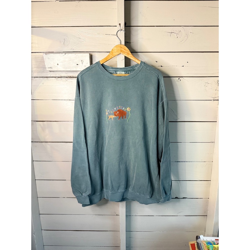 Comfort Colors Yellowstone National Park Bison Embroidered Sweatshirt Blue 2XL